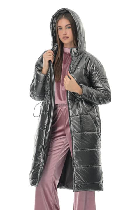 Puffer jacket μακρύ με φερμουάρ και ενσωματωμένο κορδόνι στη μέση Benissimo